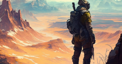 AYEKNO AEGO concept art of an explorer looking over a vast land 577f6a14 c081 499f a6c1 0b91f0e362b9